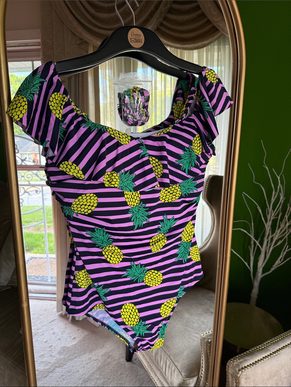 Eloquii Ruffle Off The Shoulder Pineapple Stripe Printed One-piece